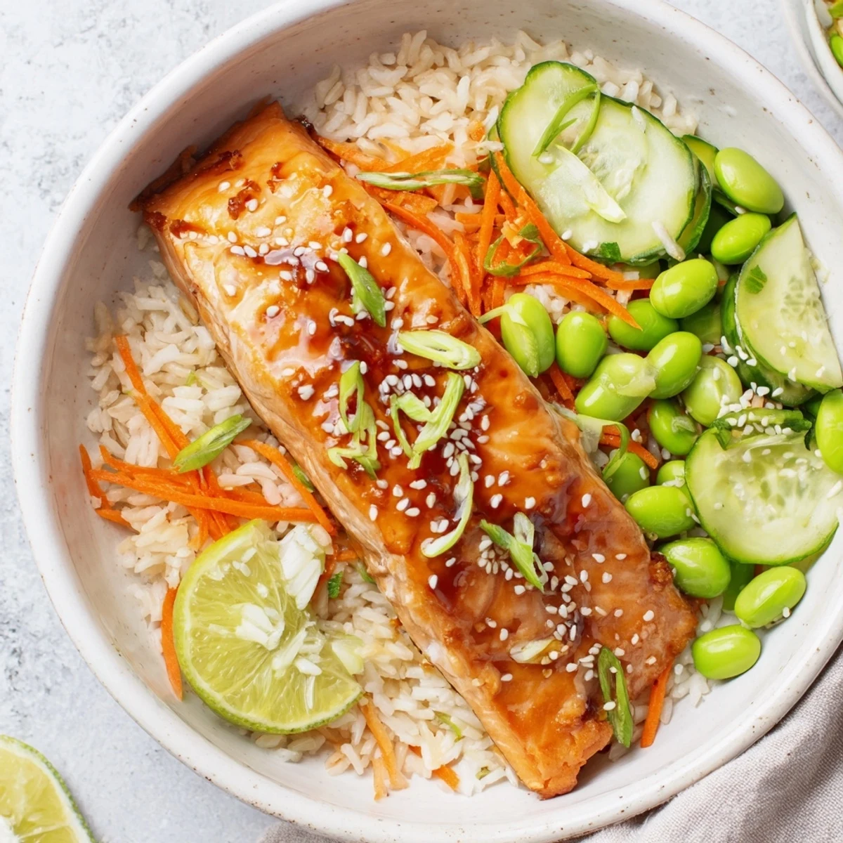 Honey Glazed Salmon Bowl drizzled with tangy soy-lime sauce, sesame, crisp vegetables