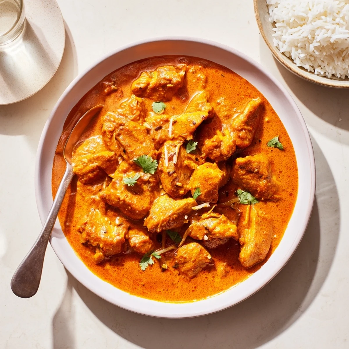 Home-style Butter Chicken Indian Recipe simmering in buttery tomato cream, cilantro garnish