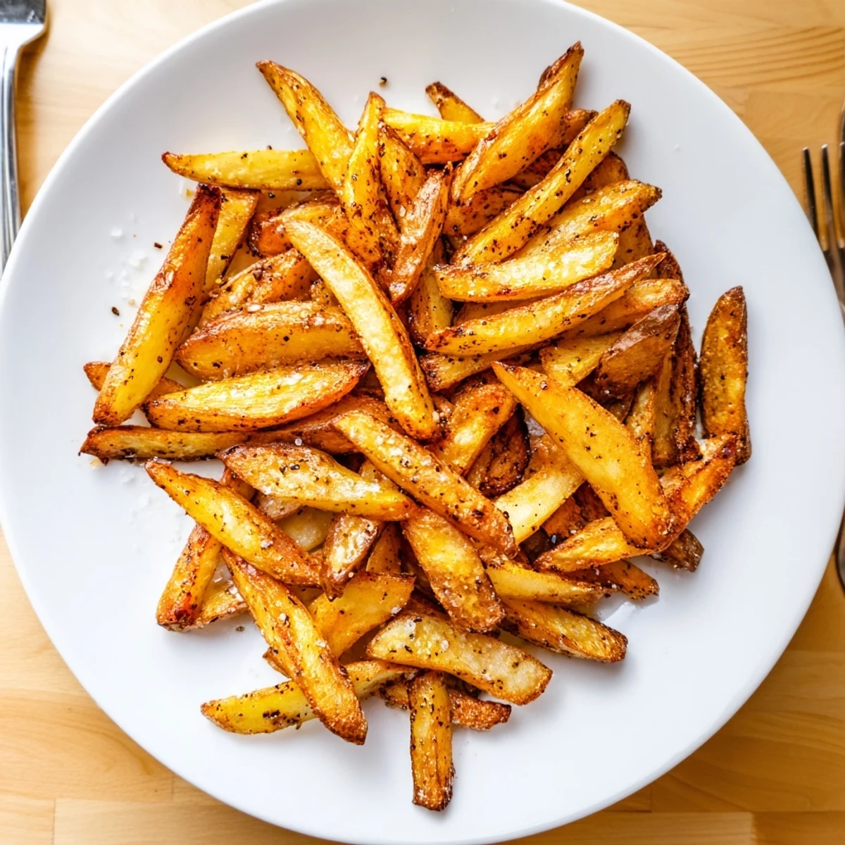 Crispy Homemade Air Fryer French Fries piled golden with sea salt and steam