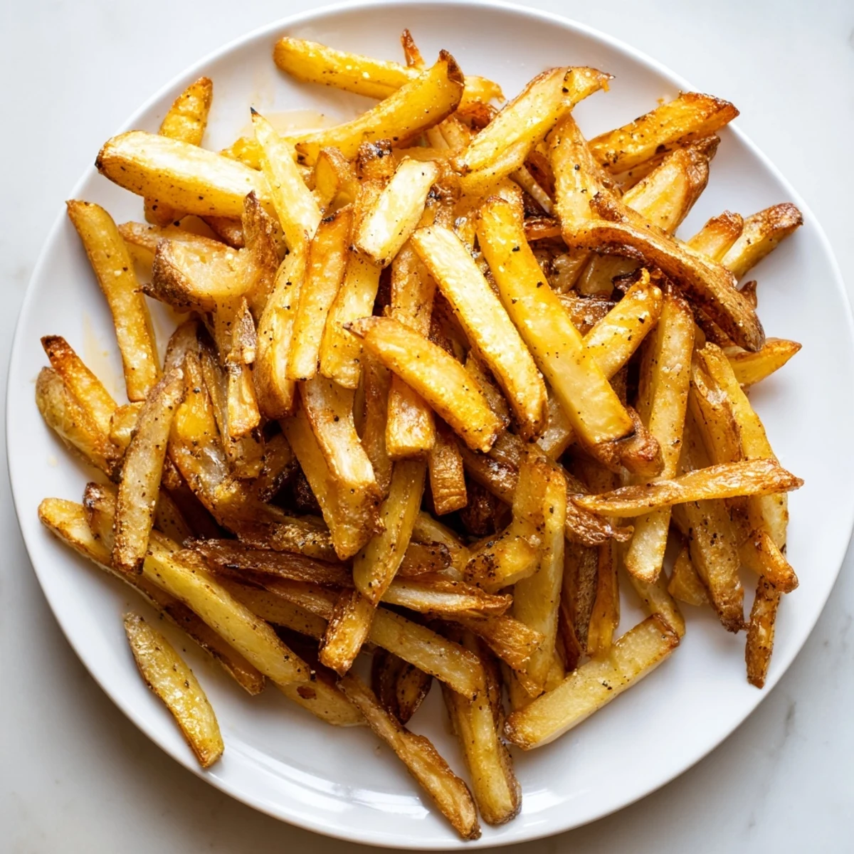 Close-up of Crispy Homemade Air Fryer French Fries, crunchy edges, olive oil sheen