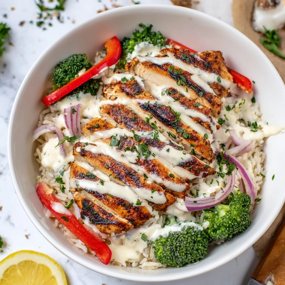 Grilled Chicken Broccoli Bowls with Creamy Garlic Sauce, tender slices, lemon wedge garnish