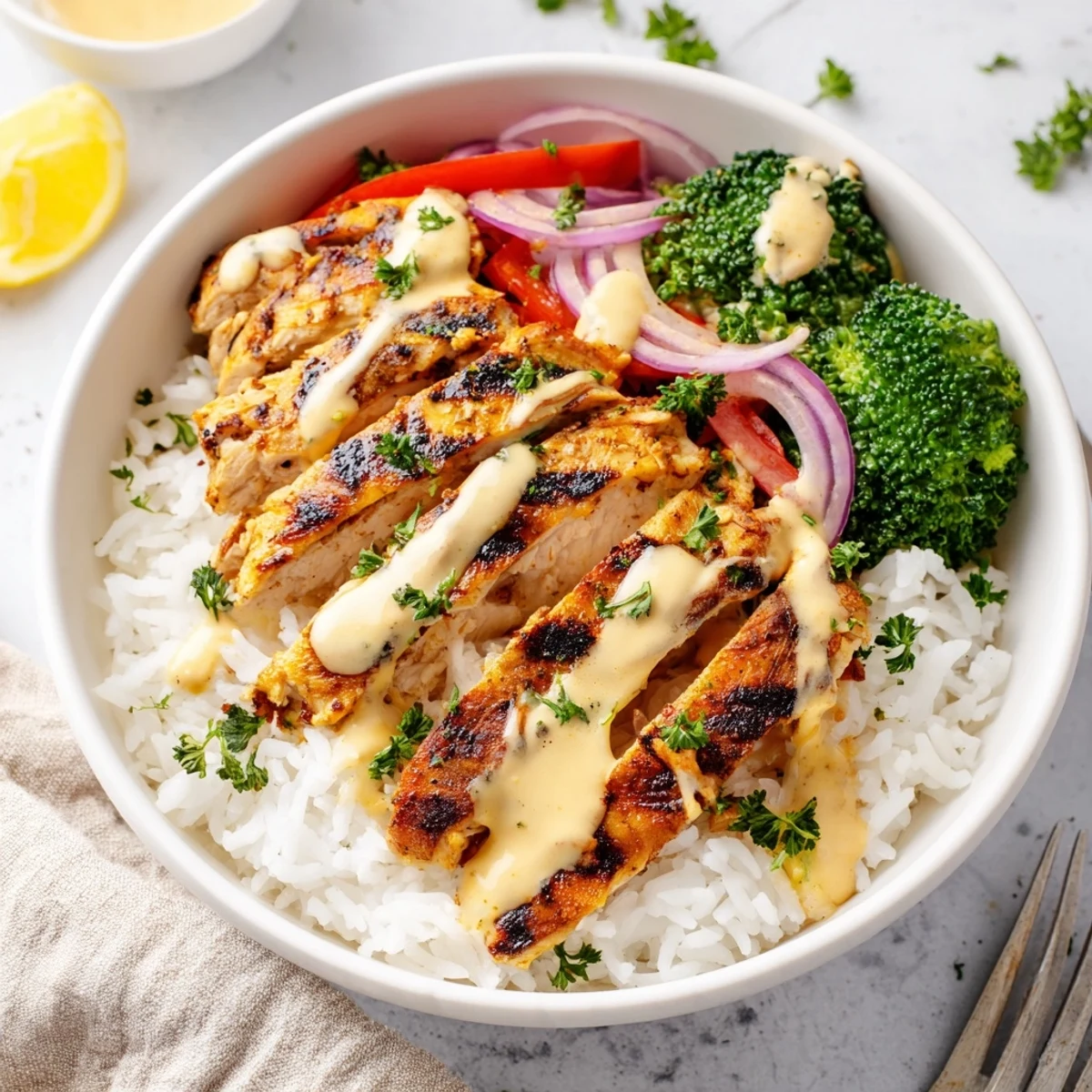 Grilled Chicken Broccoli Bowls with Creamy Garlic Sauce served over fluffy rice