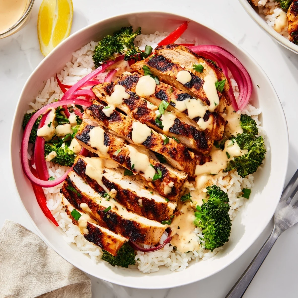 Grilled Chicken Broccoli Bowls with Creamy Garlic Sauce steaming bowl, crisp broccoli, creamy drizzle