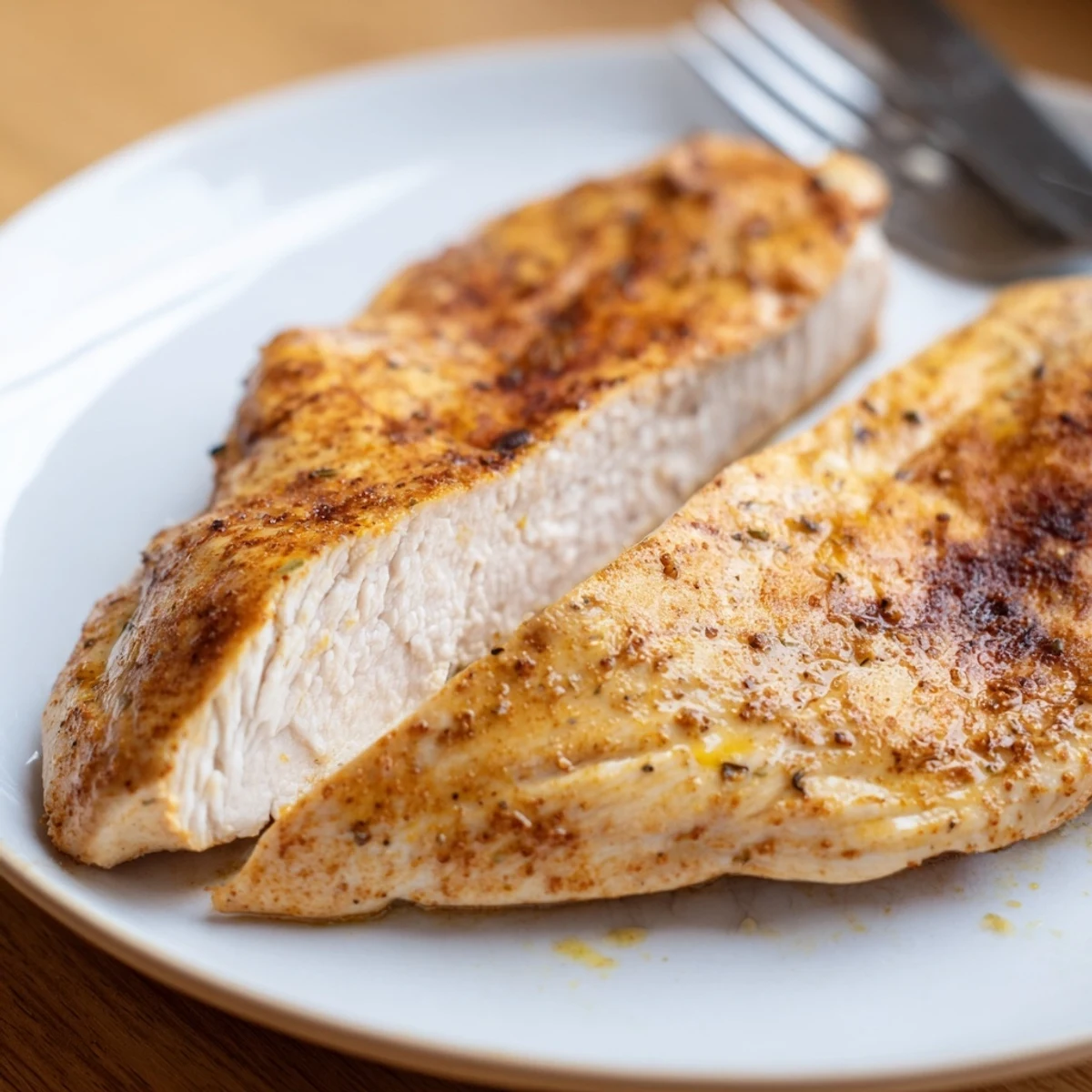 Sliced Air Fryer Chicken Breasts atop crisp salad, juicy, herb-seasoned, ready.