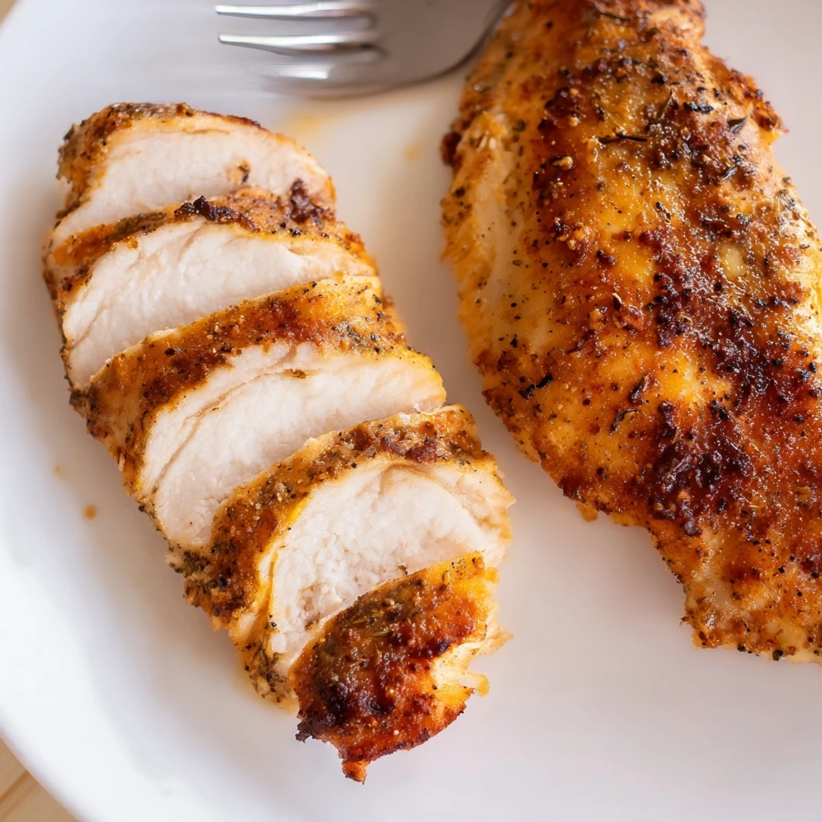 Handheld fork piercing Air Fryer Chicken Breasts, revealing smoky paprika-scented, moist meat.