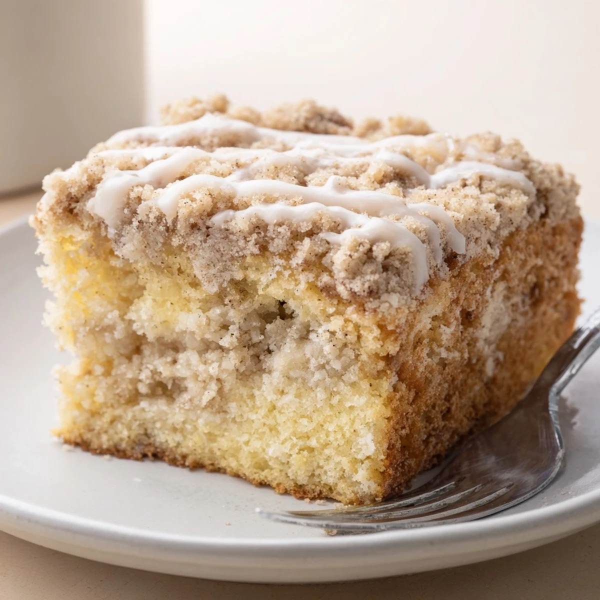 Freshly baked Banana Crumb Coffee Cake with buttery cinnamon crumb, sliced