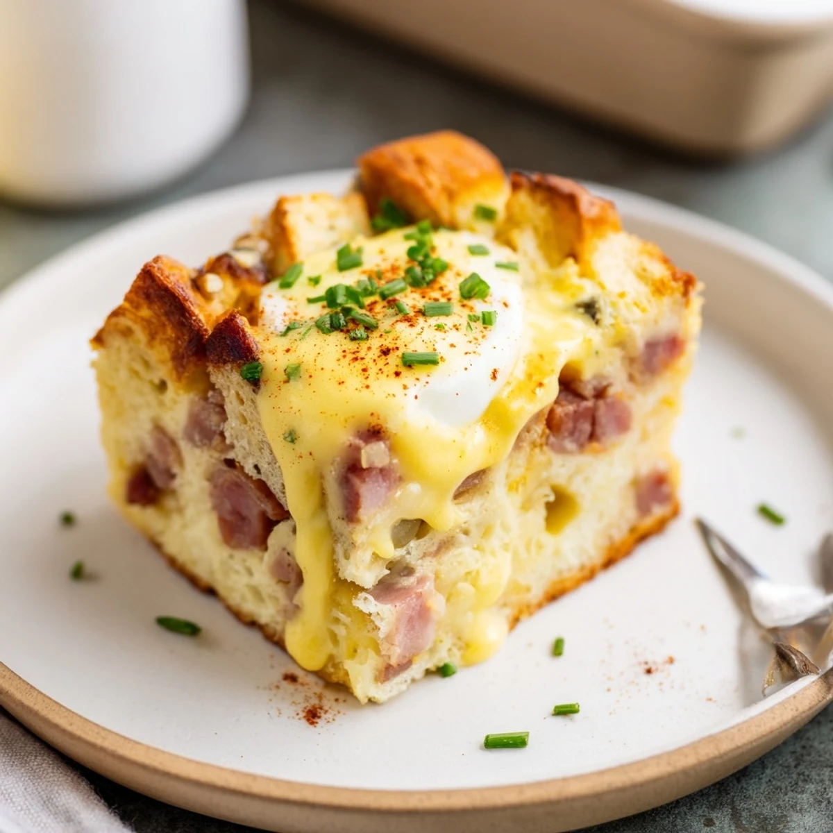 Baked Eggs Benedict Casserole, golden-brown top, creamy hollandaise drizzling, ready to serve