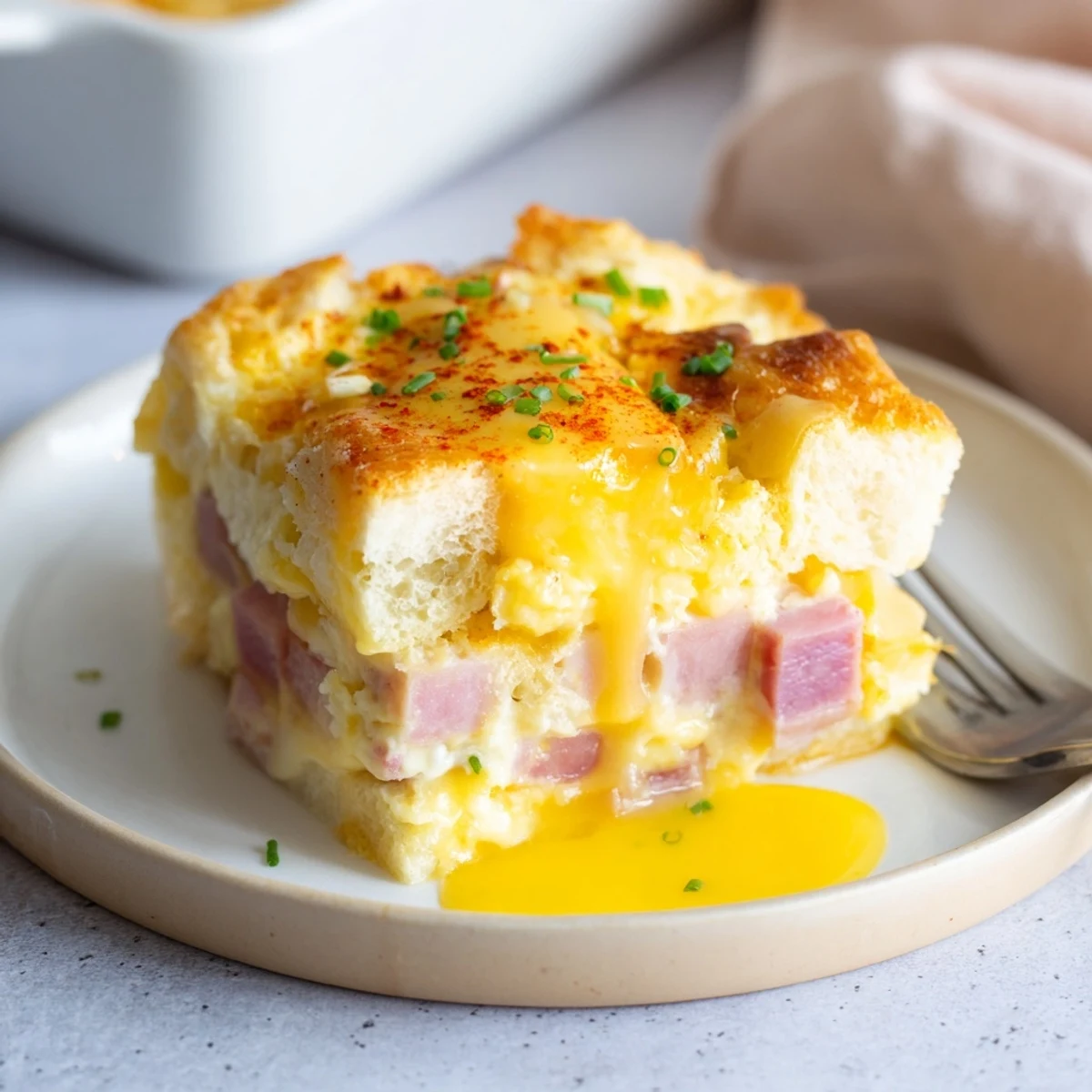 Slice of Baked Eggs Benedict Casserole resting, pillowy muffins and savory Canadian bacon
