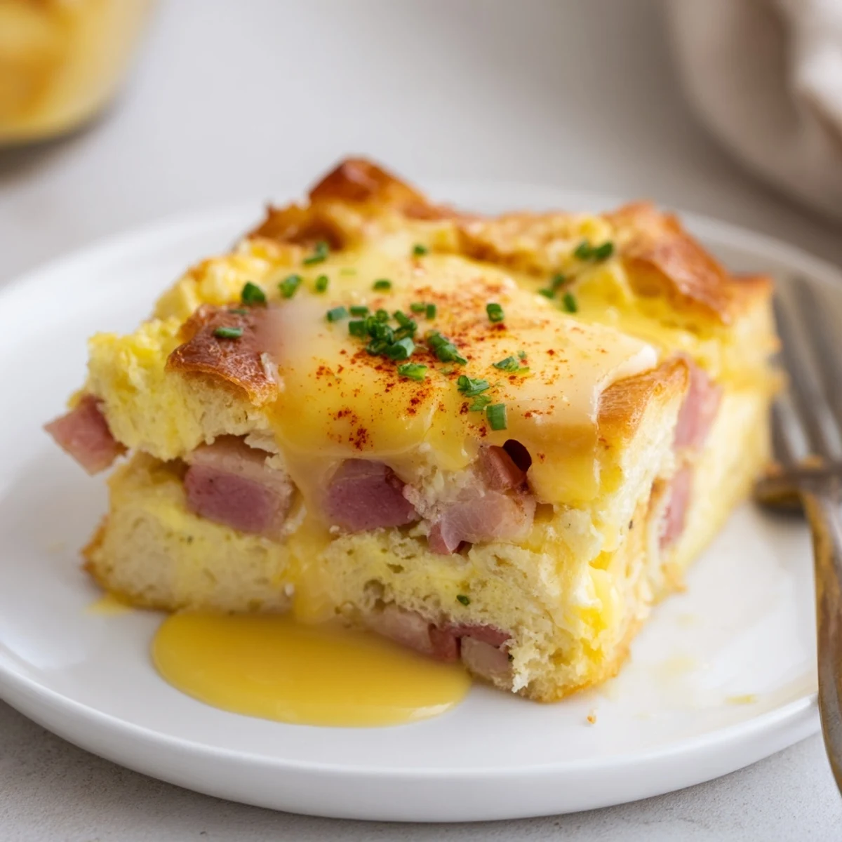 Breakfast buffet tray with Baked Eggs Benedict Casserole, buttery custard texture, chives garnish