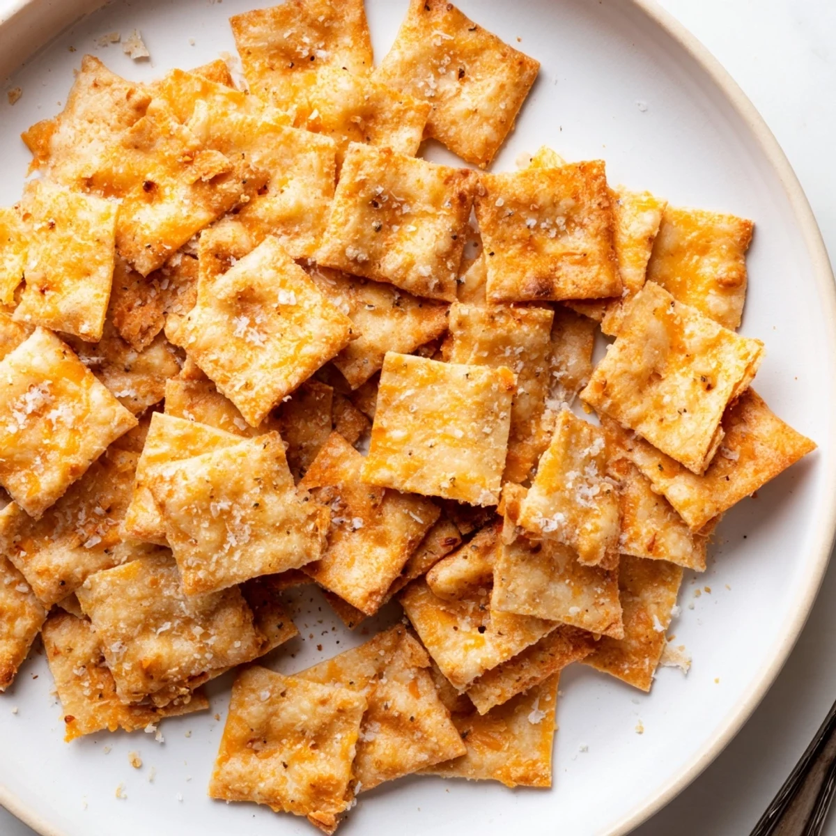 Sourdough Cheddar Snack Crackers piled on a board, golden, flaky, savory