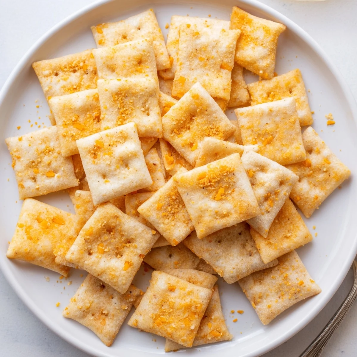 Warm Sourdough Cheddar Snack Crackers cooling on parchment, crisp edges, cheesy aroma