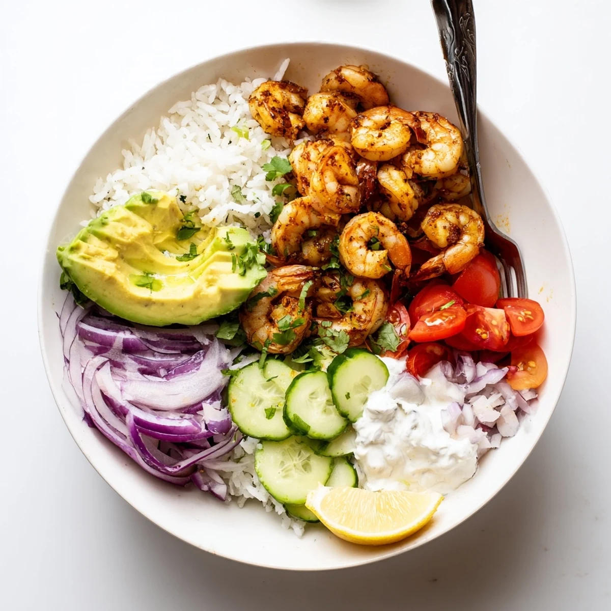 Garlic Shrimp Bowl over fluffy jasmine rice, sizzling shrimp, creamy avocado