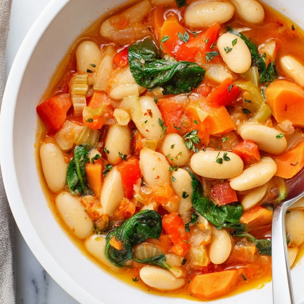 Spanish Butter Bean Stew Recipe simmering in a pot, tomato aroma rising