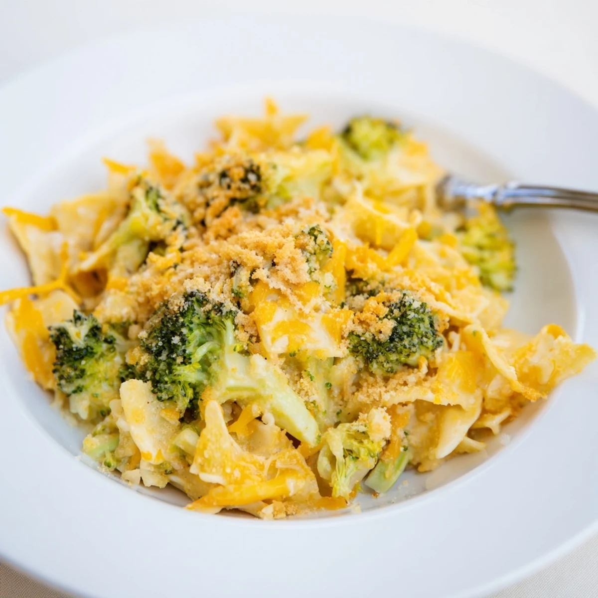 Hearty Broccoli Cheddar Noodle Skillet topped with golden breadcrumbs, ready to serve.
