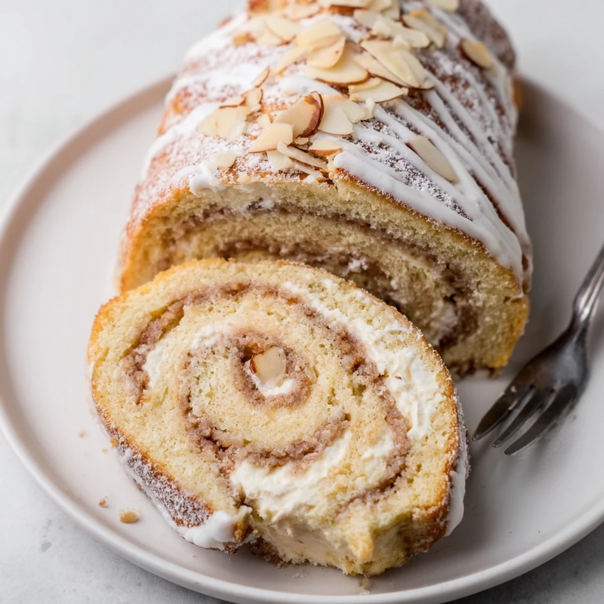 Almond Cream Cheese Rolls steaming on a plate, sliced, almond flakes glistening