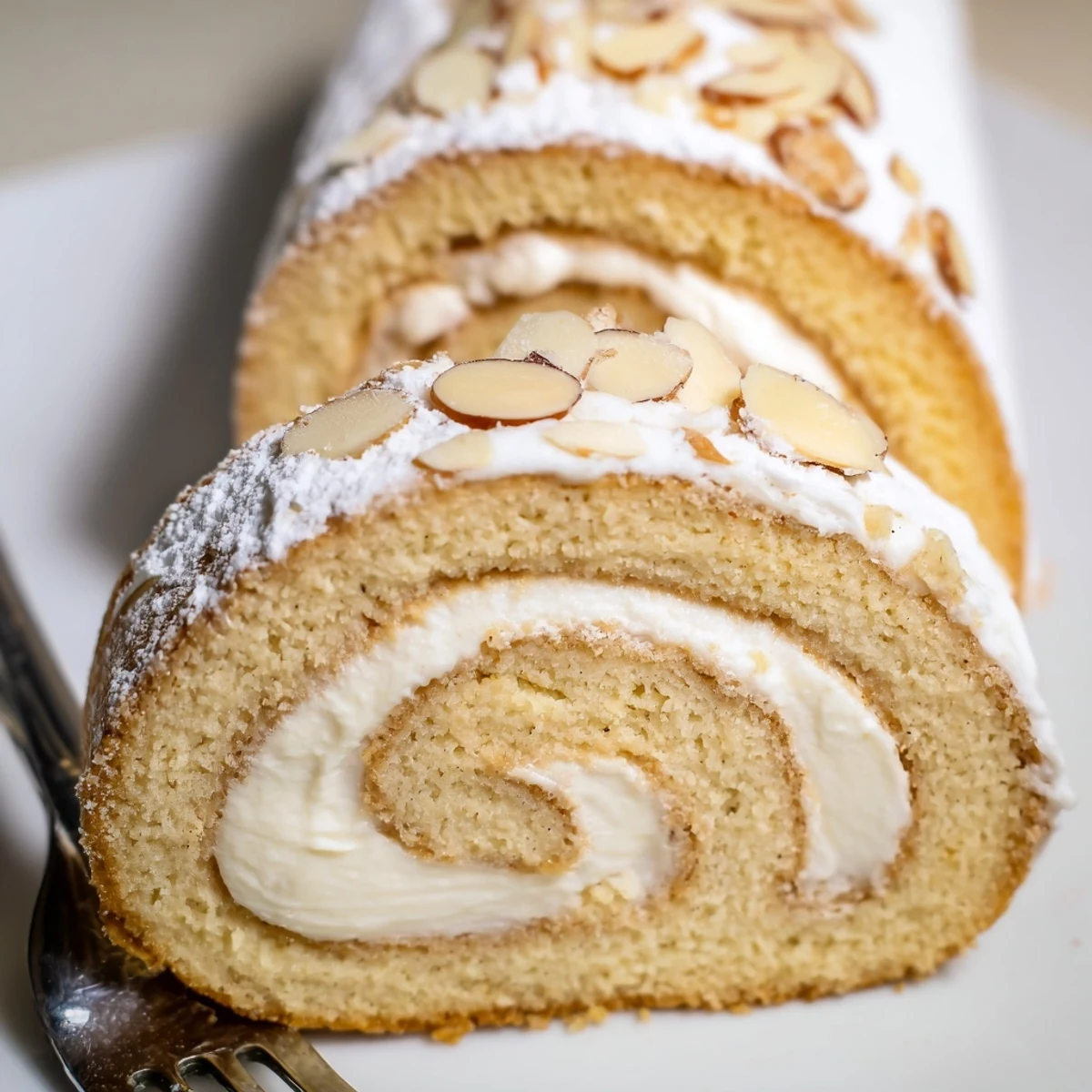 Fresh-baked Almond Cream Cheese Rolls arranged in baking dish, sliced almonds crunchy