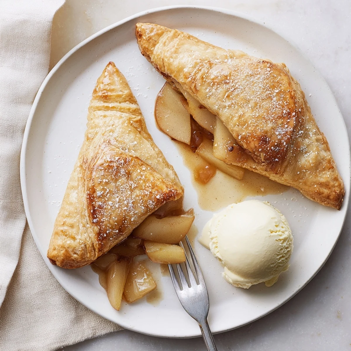 Baked warm pastries from Pear Puff Pastry Recipe, served with melting vanilla ice cream.