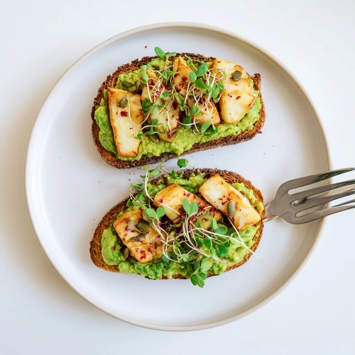 Crispy Halloumi Avocado Toast Recipe showing golden seared halloumi, creamy mashed avocado.