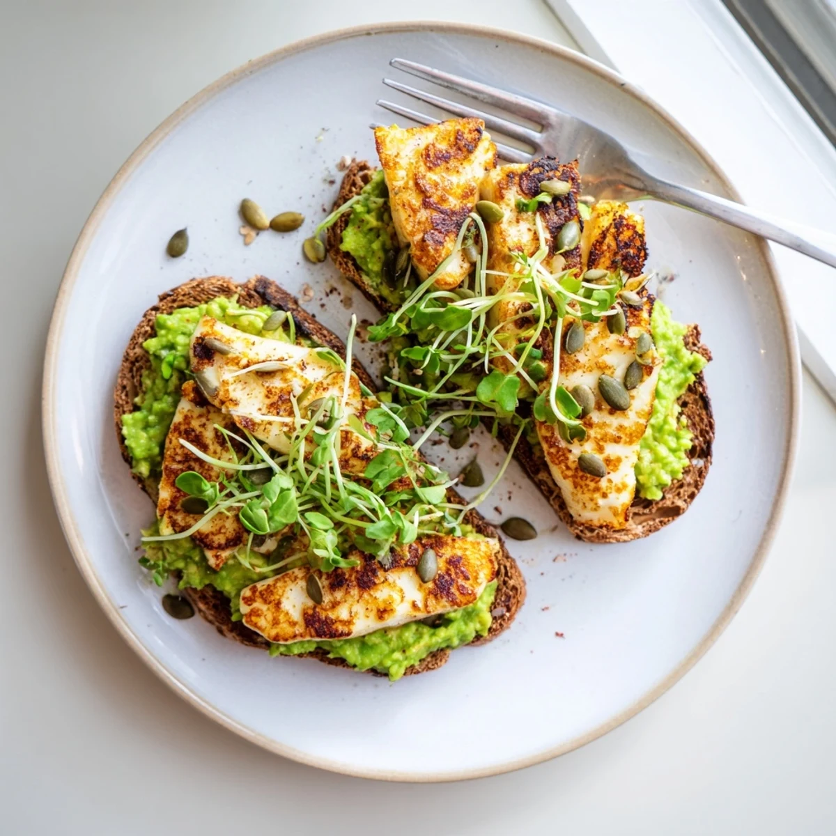 Warm Crispy Halloumi Avocado Toast Recipe plated with peppery arugula and toasted seeds.
