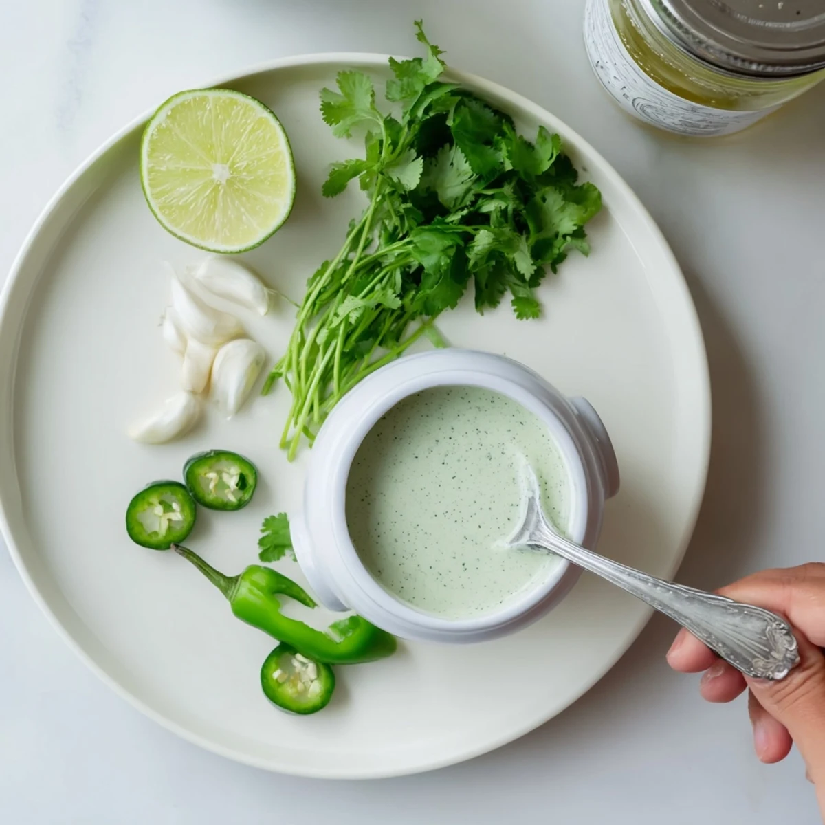Spoonful of Cilantro Lime Fresh Dressing over tacos, tangy, herbal kick
