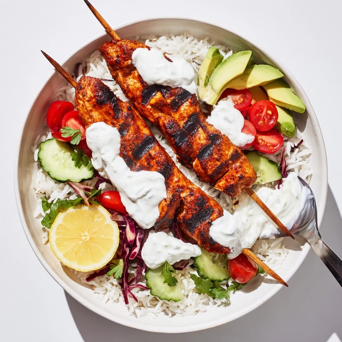 Smoky Chicken Skewer Bowl Recipe with charred skewers, bright avocado, zesty yogurt.
