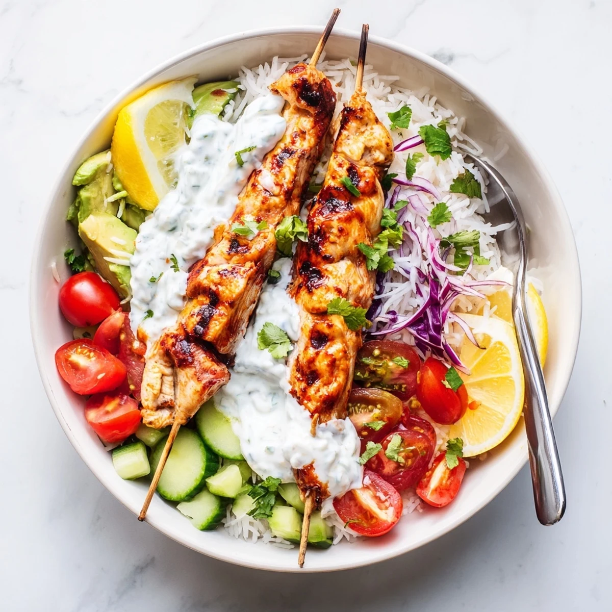 Smoky Chicken Skewer Bowl Recipe featuring smoked paprika aroma, rice, fresh cilantro.