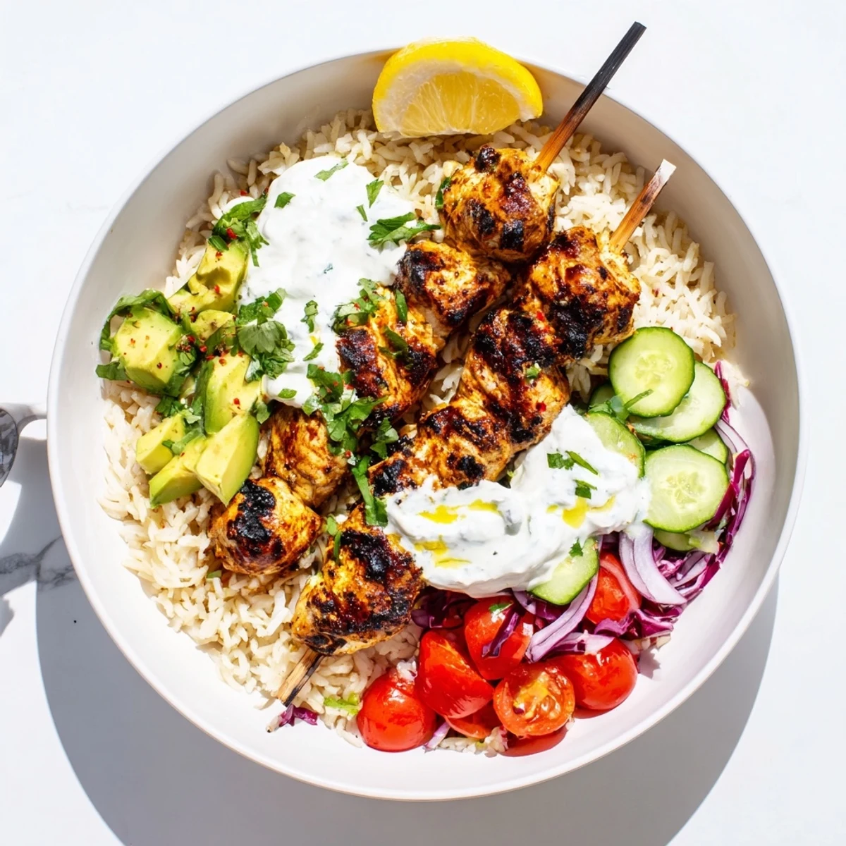 Serve Smoky Chicken Skewer Bowl Recipe hot with lemon wedges and creamy yogurt.