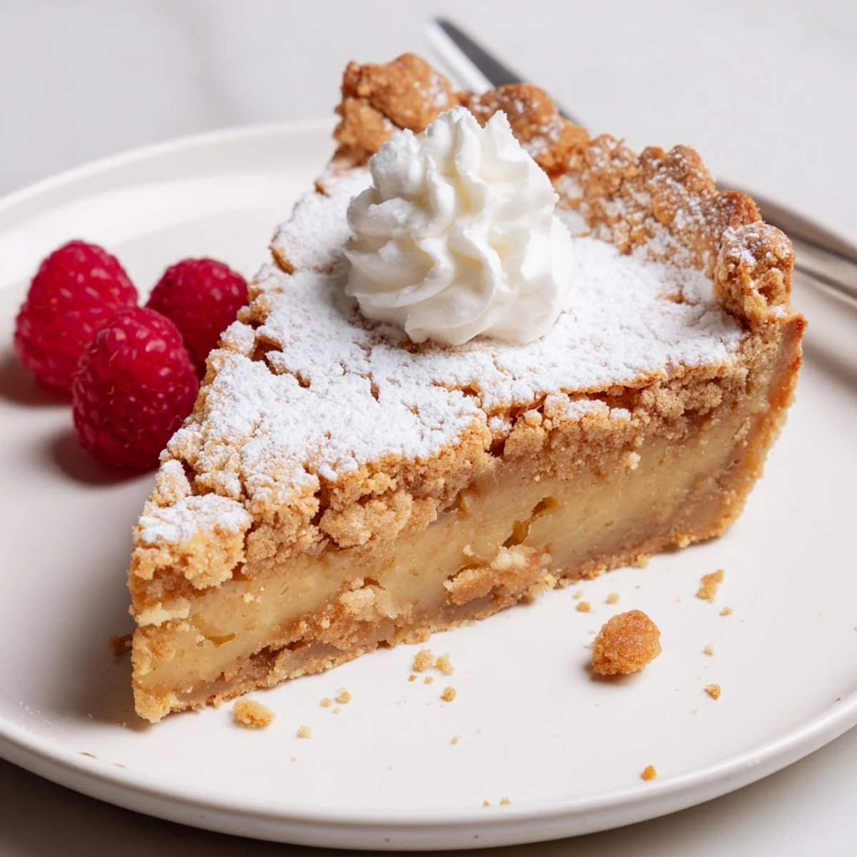 Slice of Milk Bar Crack Pie dusted with powdered sugar, served with cream