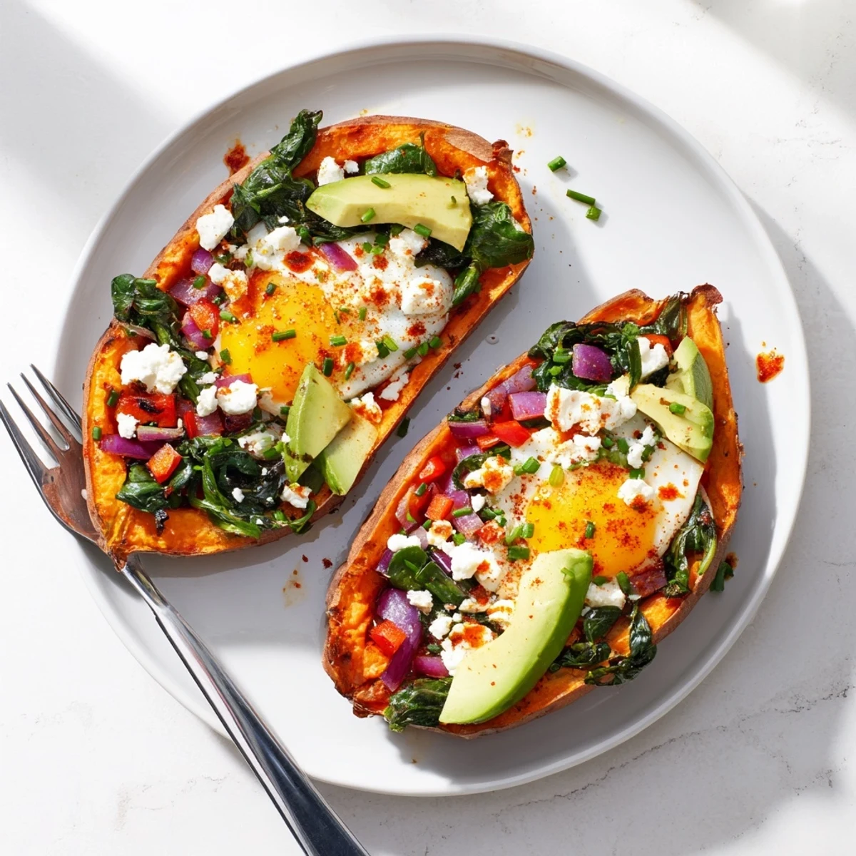 Roasted Sweet Potato Breakfast Boats filled with runny eggs, sautéed peppers, avocado