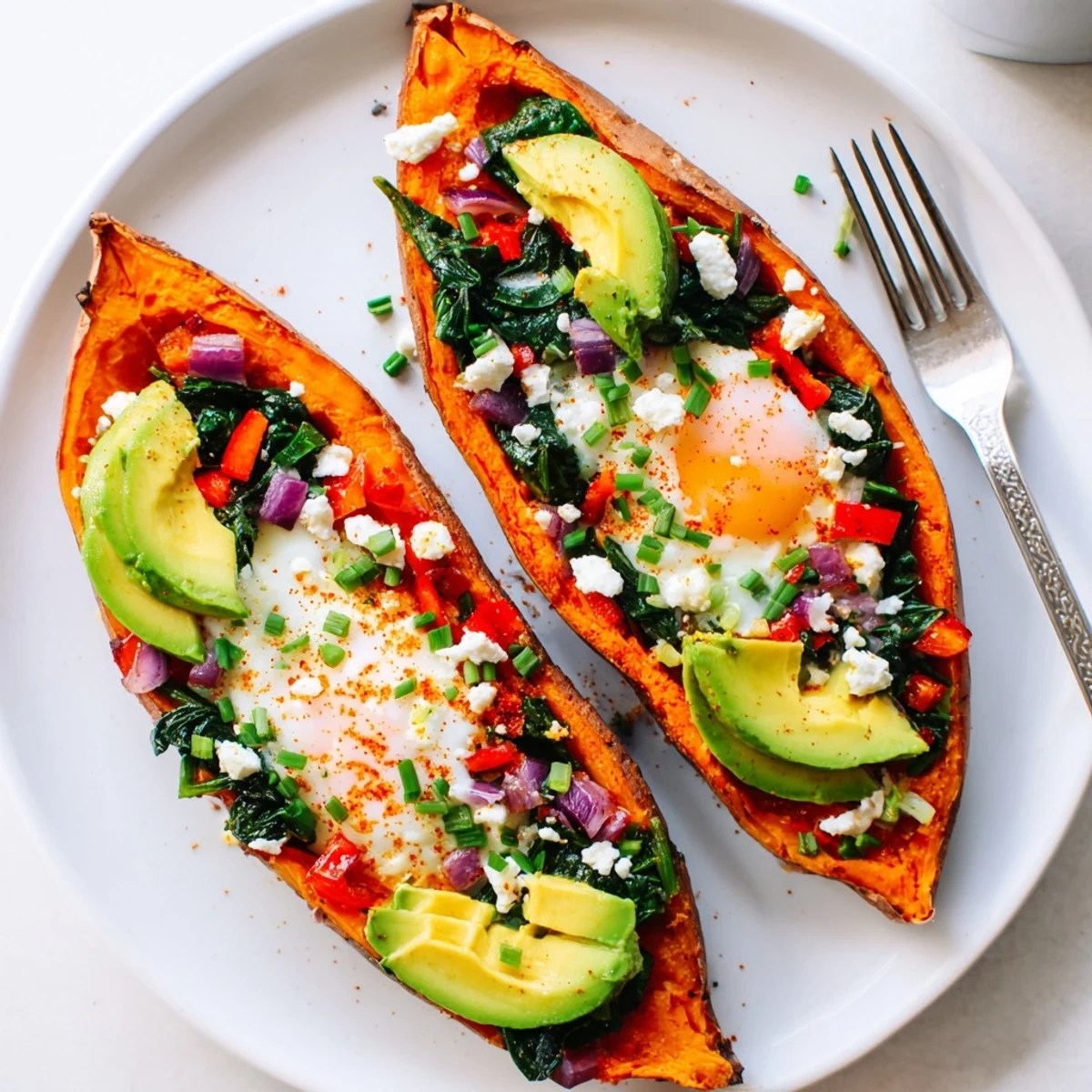 Warm Sweet Potato Breakfast Boats on parchment, topped with crumbled feta and chives
