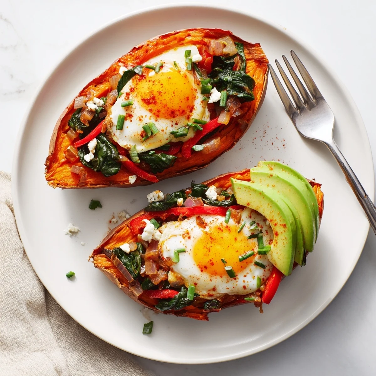Halved Sweet Potato Breakfast Boats with silky yolks and smoky paprika aroma