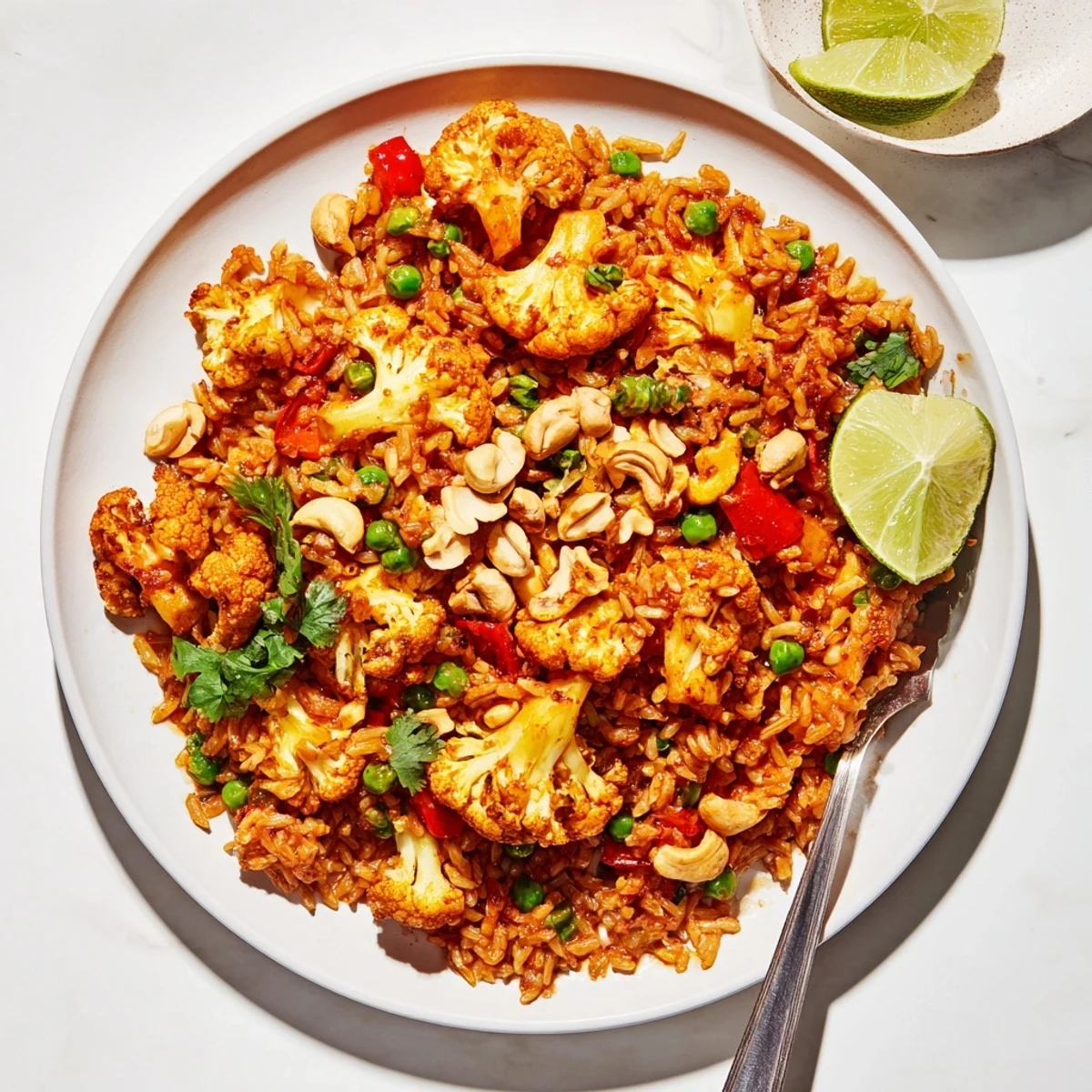 Roasted Cauliflower Red Curry Rice steaming in bowl, creamy coconut aroma, cilantro