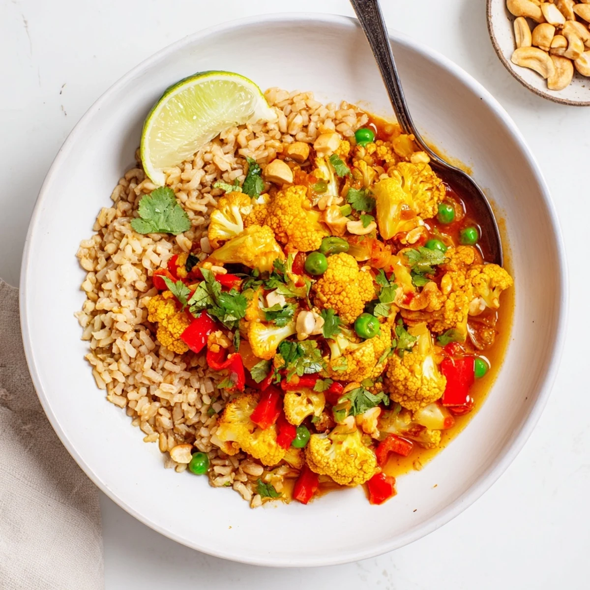 Fragrant, creamy Roasted Cauliflower Red Curry Rice with fluffy jasmine grains, bright herbs