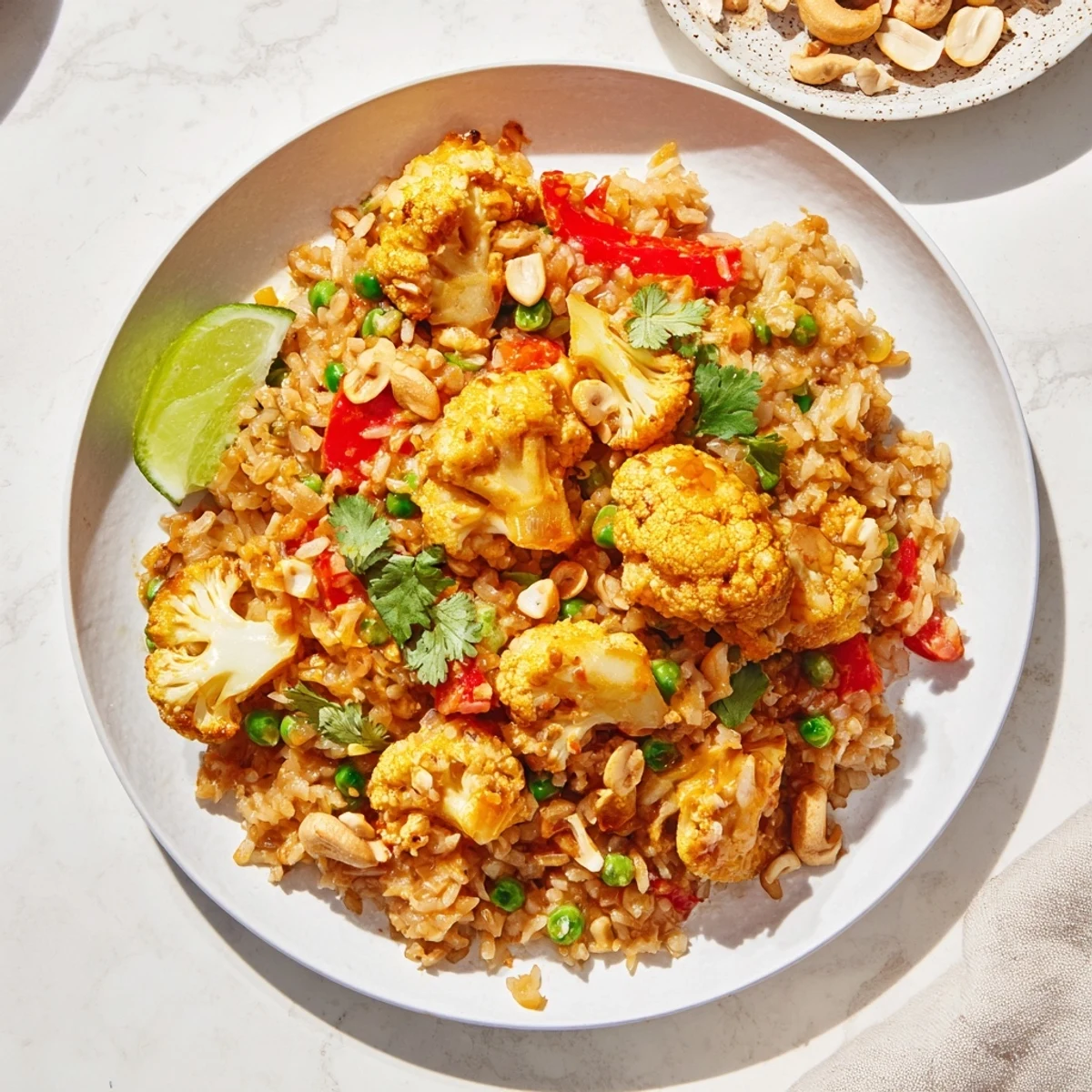 Bowl of Roasted Cauliflower Red Curry Rice with lime wedge and toasted cashews