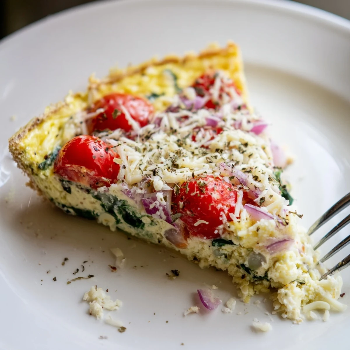 Warm Italian Impossible Pie sliced on a plate, herb aroma and soft custard