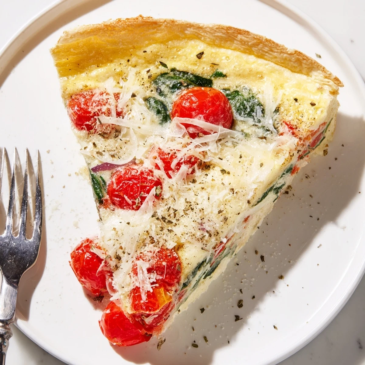 Italian Impossible Pie, golden crustless bake with melted mozzarella and roasted tomatoes