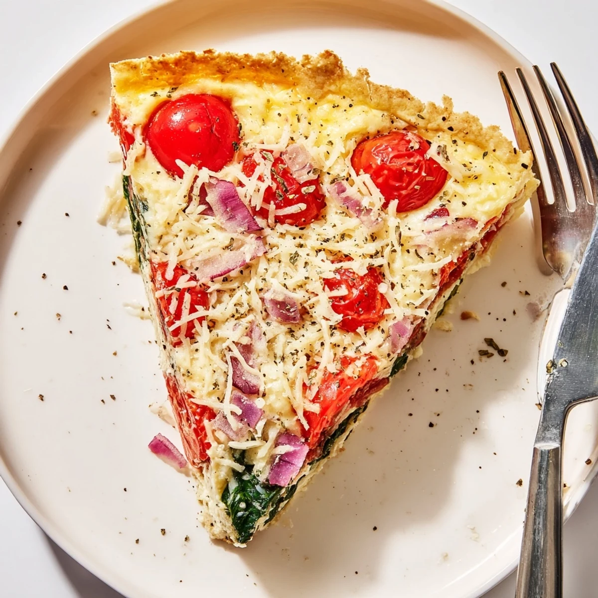 Hearty Italian Impossible Pie served warm with Pinot Grigio suggestion, rustic slice