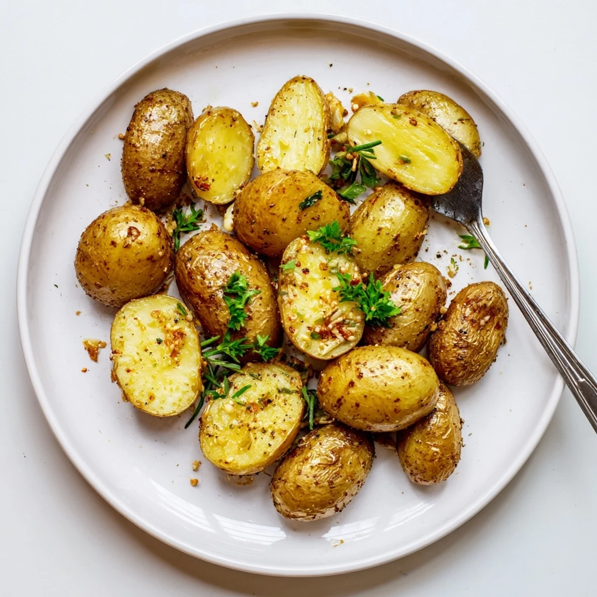 Crispy Oven Roasted Baby Potatoes steaming on a baking sheet, herb-scented.