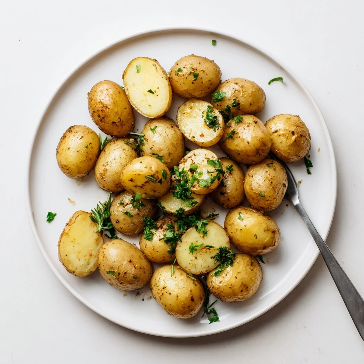 Wooden board with Crispy Oven Roasted Baby Potatoes, golden edges and garlic aroma.