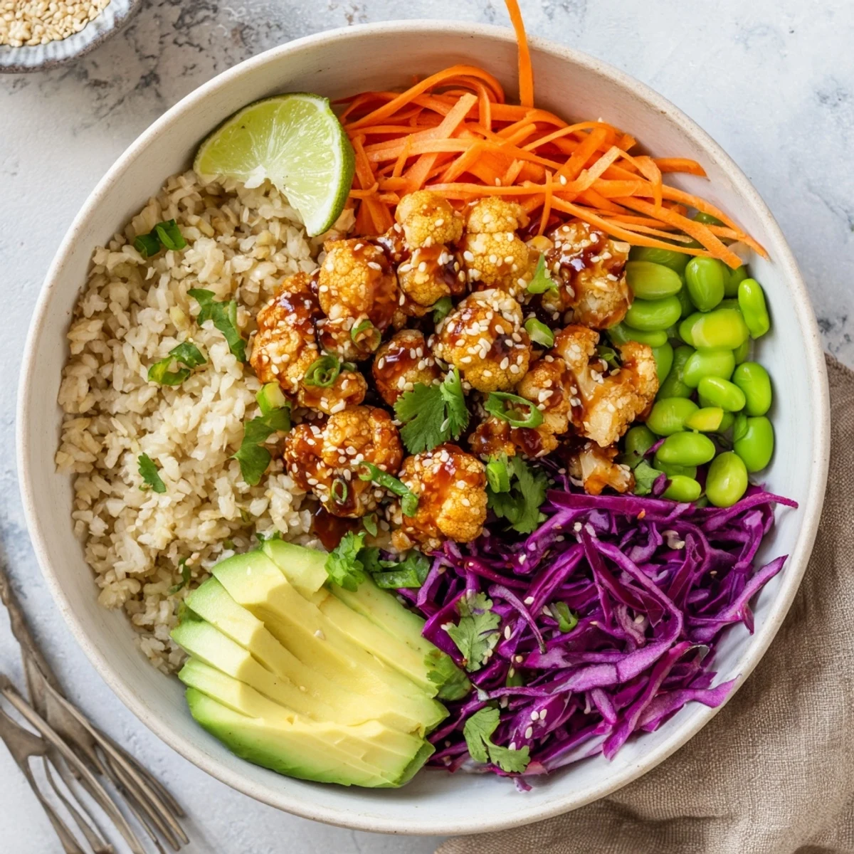 Teriyaki Cauliflower Power Bowls with glossy roasted florets over fluffy brown rice