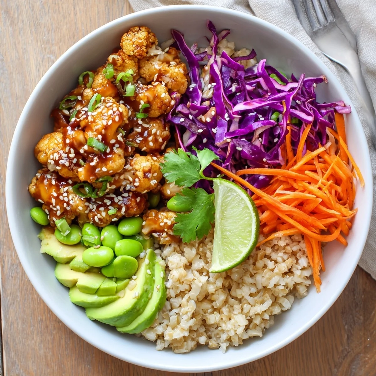 Family-style Teriyaki Cauliflower Power Bowls served with lime wedges and crunchy cabbage