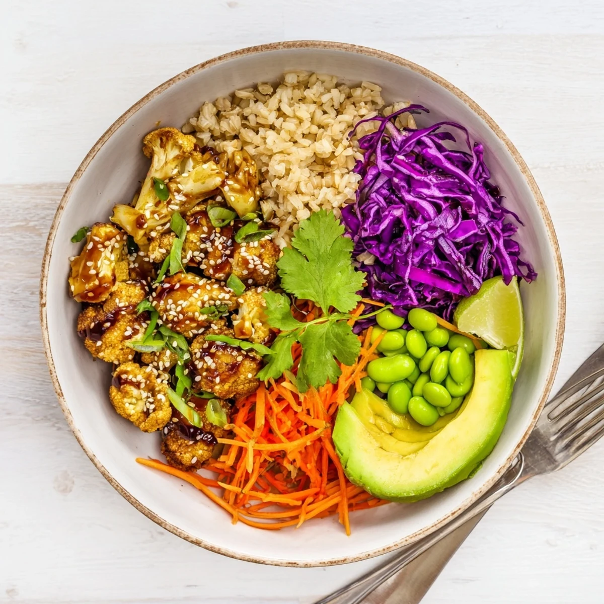 Bright Teriyaki Cauliflower Power Bowls topped with sliced avocado, toasted sesame seeds
