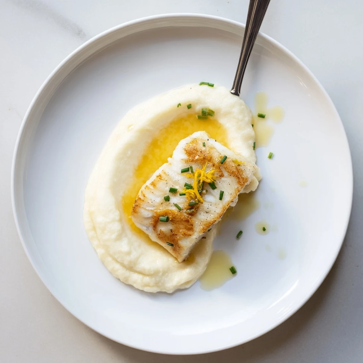 Pan Seared Halibut with Creamy Parsnip Puree & Citrus Butter Sauce, drizzled, silky puree