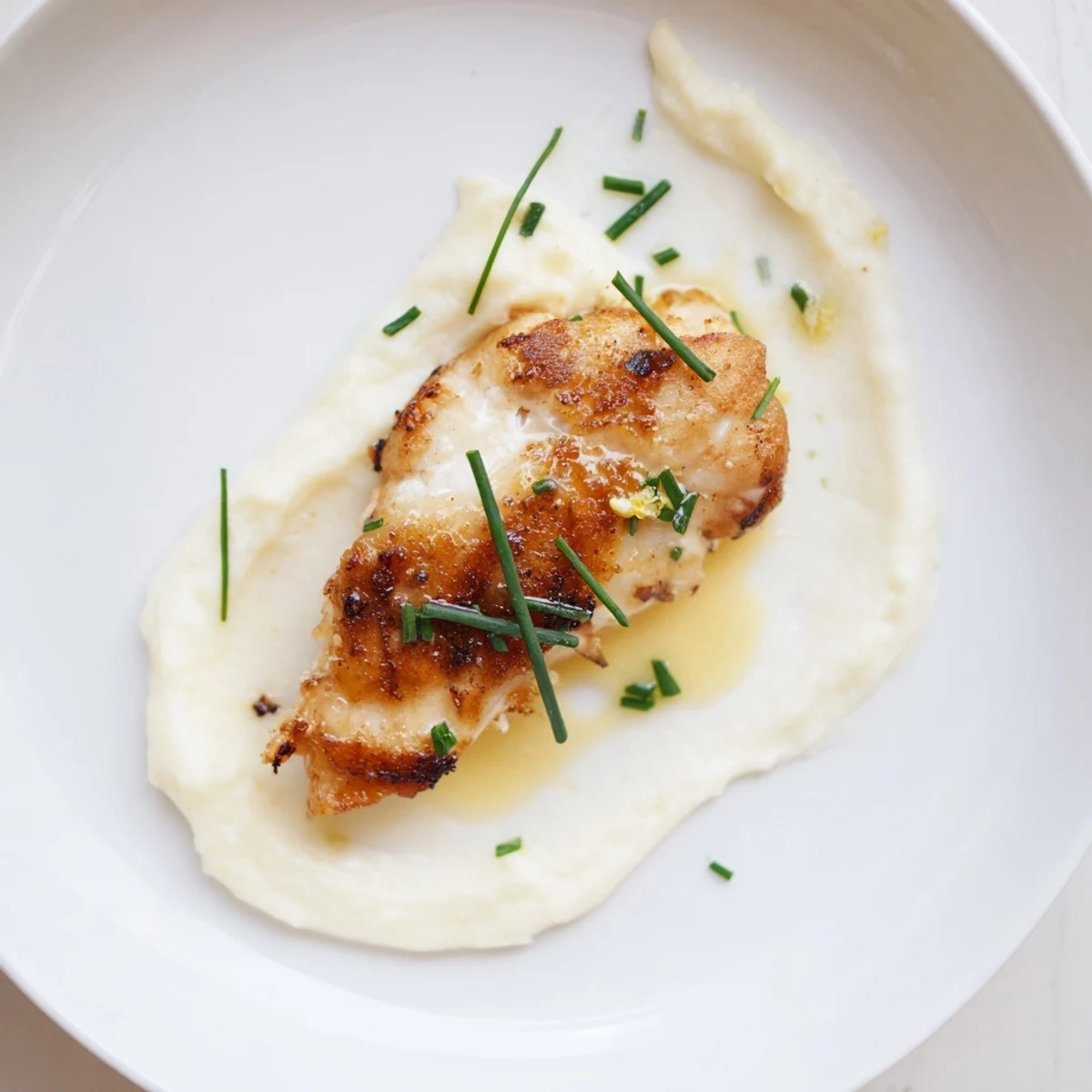 Pan Seared Halibut with Creamy Parsnip Puree & Citrus Butter Sauce, golden sear, chives