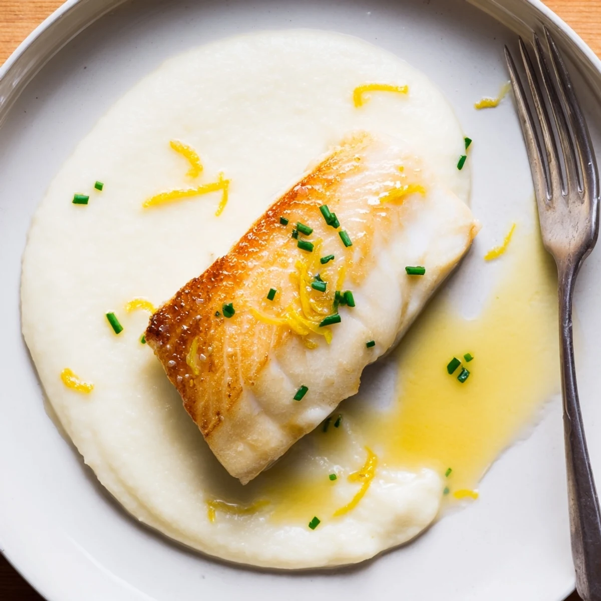 Pan Seared Halibut with Creamy Parsnip Puree & Citrus Butter Sauce, bright citrus gloss