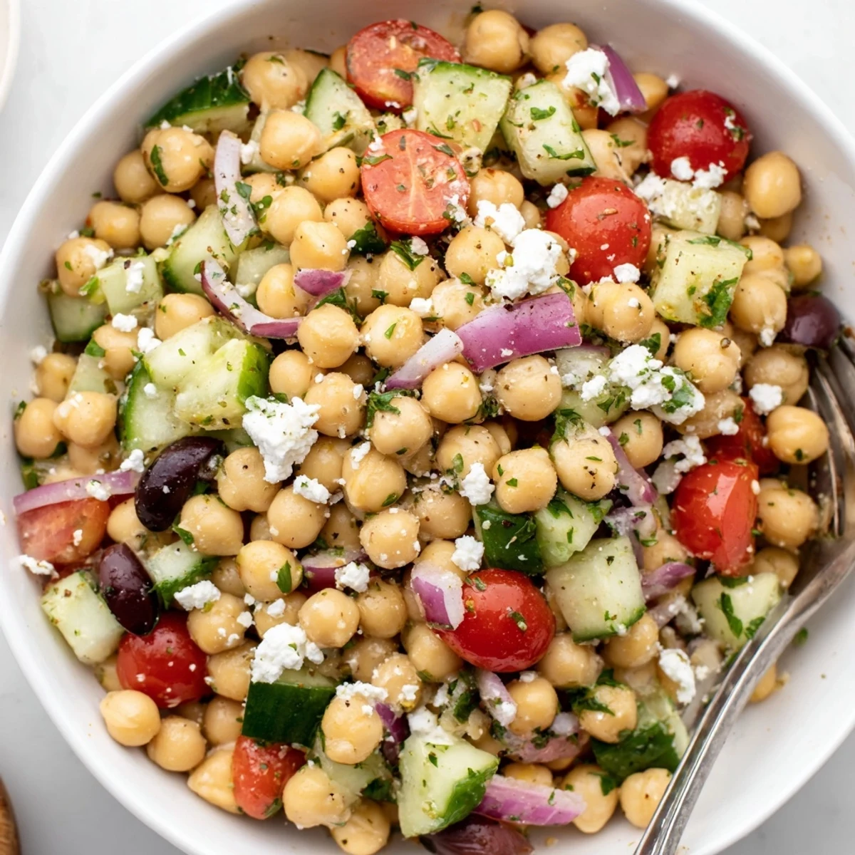 Mediterranean Chickpea Salad with Cucumber & Feta, bright lemon dressing glistening