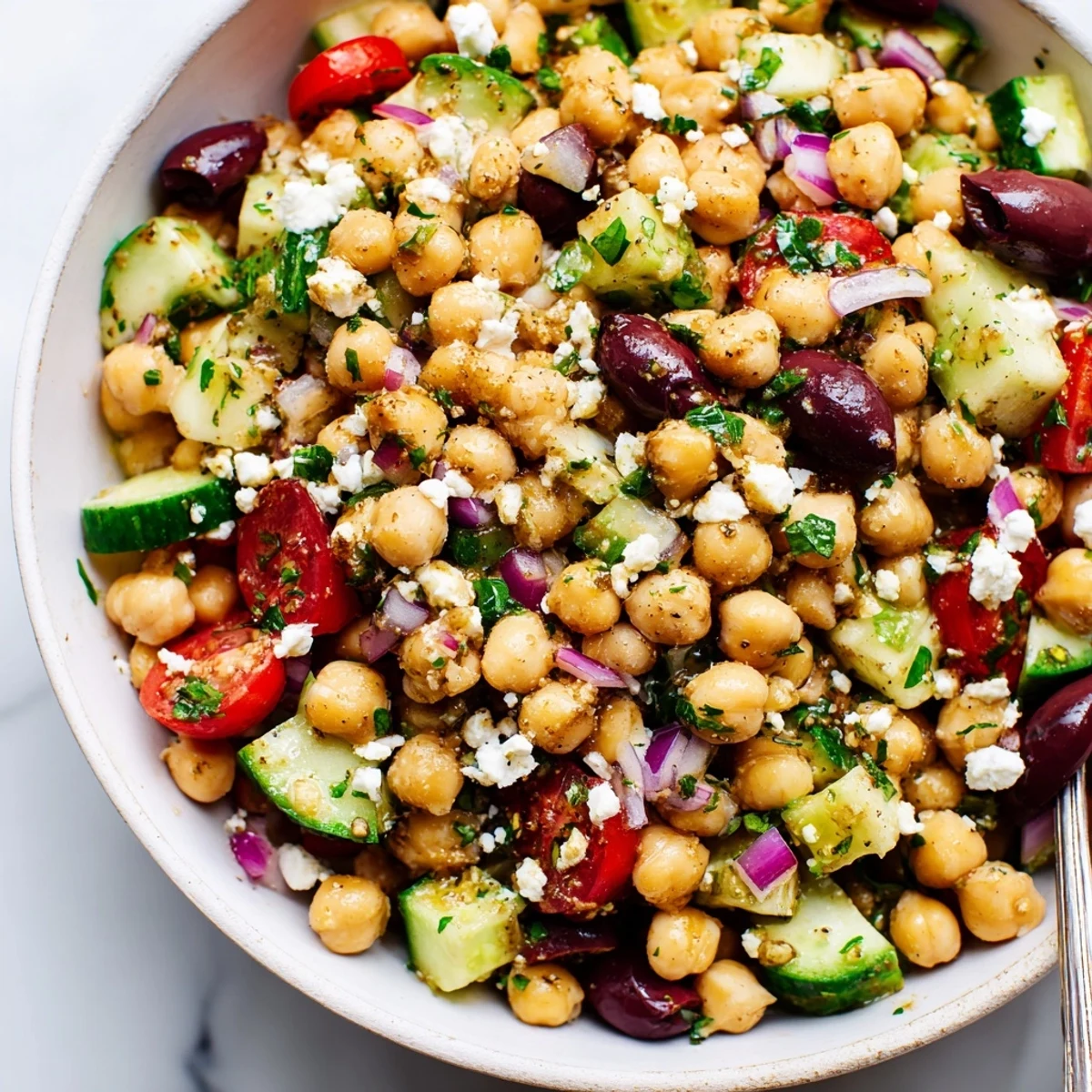 Chilled bowl reveals Mediterranean Chickpea Salad with Cucumber & Feta, tangy lemon dressing