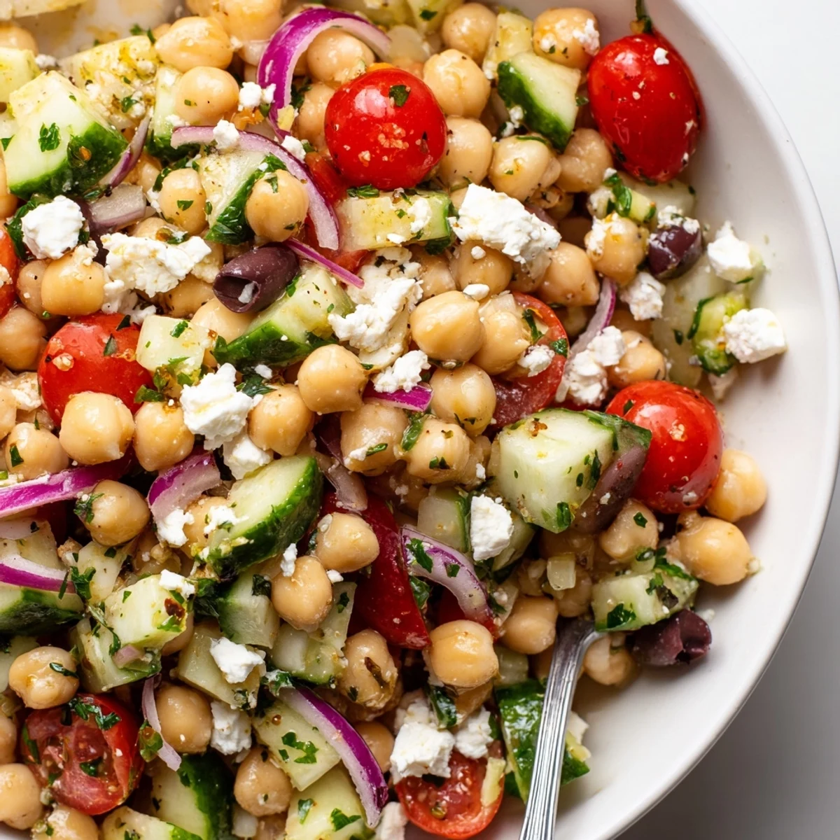 Heaping bowl of crisp chickpeas and cucumber, Mediterranean Chickpea Salad with Cucumber & Feta