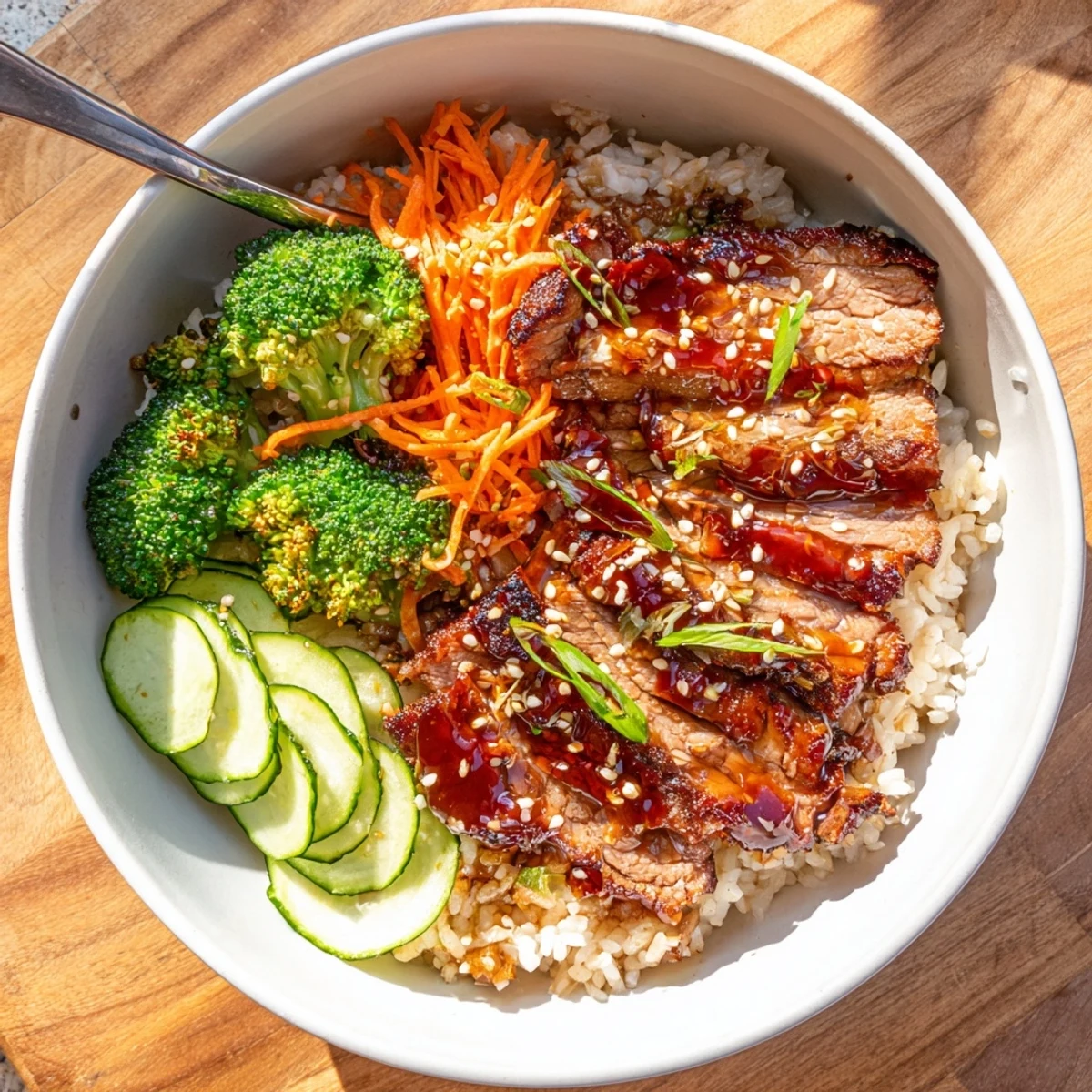 Steaming Savory Char Siu Beef Rice Bowl topped with crisp scallions and sriracha