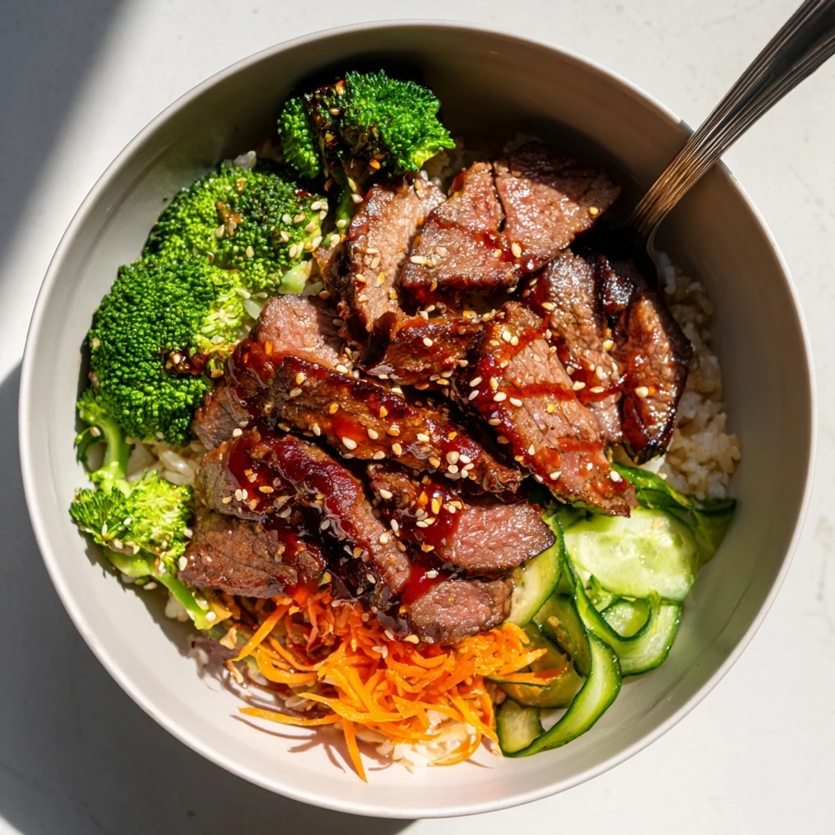 Family-style Savory Char Siu Beef Rice Bowl, fragrant jasmine rice, vibrant vegetables